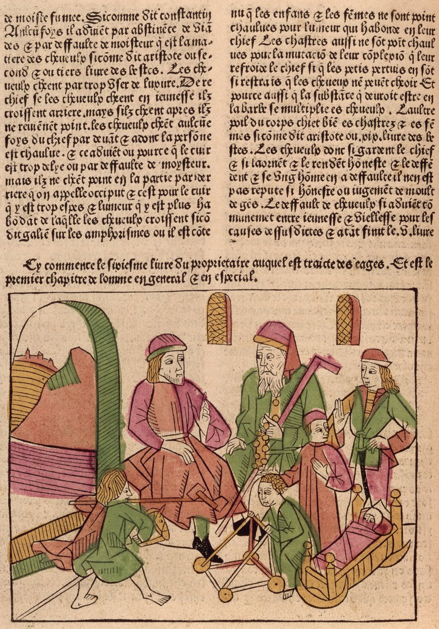 Etapy života, z Le Livre des Proprietes des Choses od Barthelemyho l Anglaise, 1485 (barevný dřevoryt) od French School