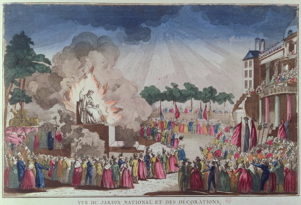 Socha ateismu byla zničena a nahrazena Sochou moudrosti na Festivalu Nejvyšší bytosti, Jardin National des Decorations, Paříž, 8. července 1794 od French School