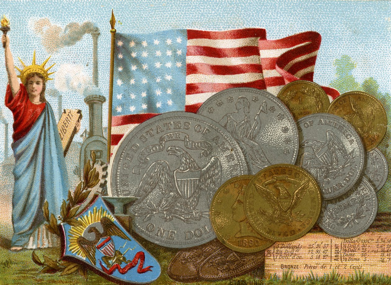 Socha svobody vedle továrního komína, americká vlajka a výstava dolarů, kolem roku 1890 od French School