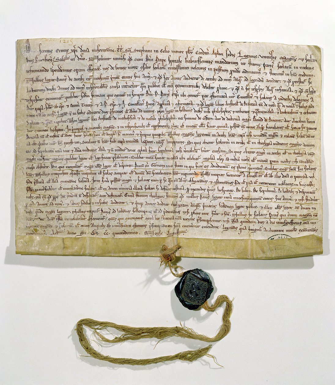 Stanovy pařížské univerzity, vytvořené a udělené kardinálem Robertem de Courson, papežským legátem, v srpnu 1215 (pergamen a vosk) od French School
