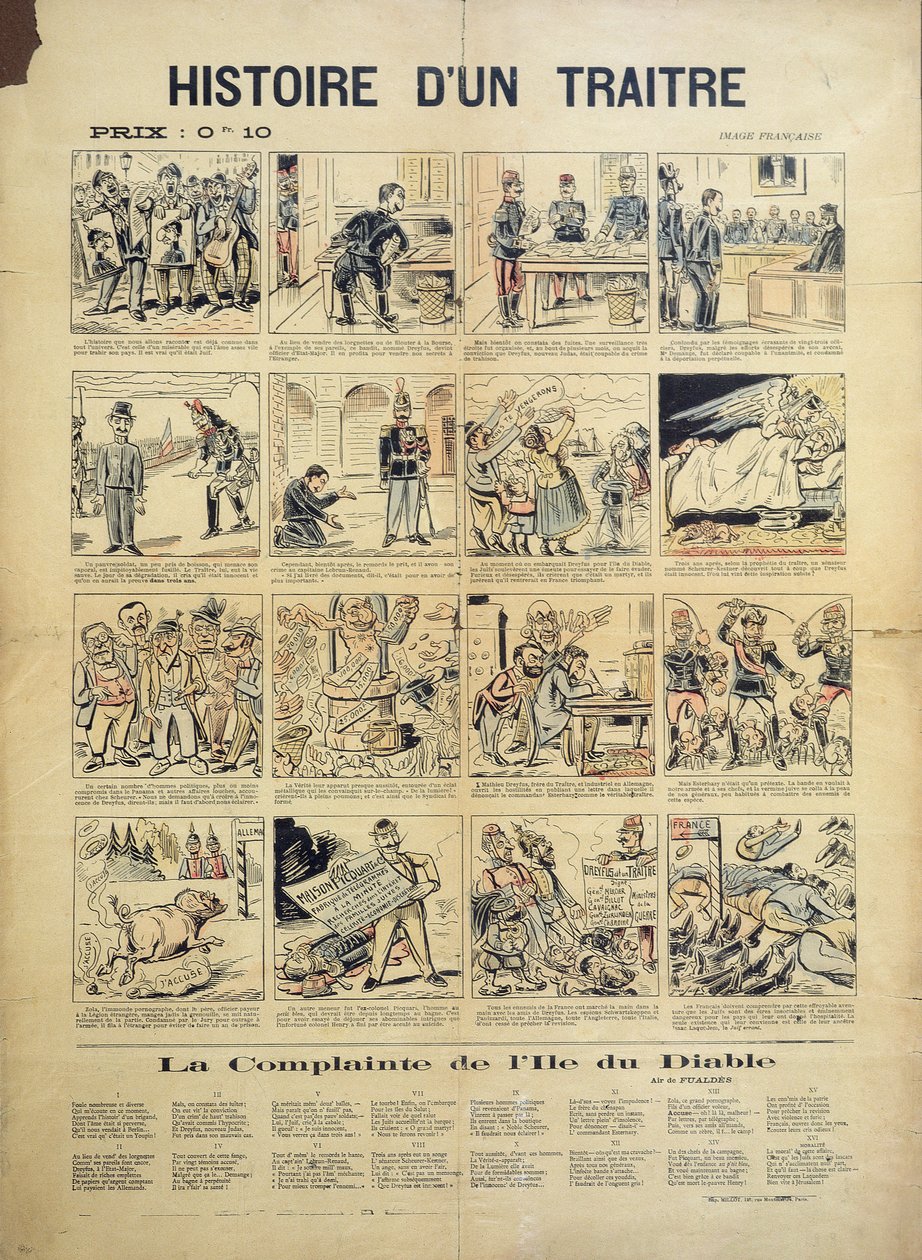 Příběh zrádce, karikatura proti Dreyfusardovi a list písní od French School