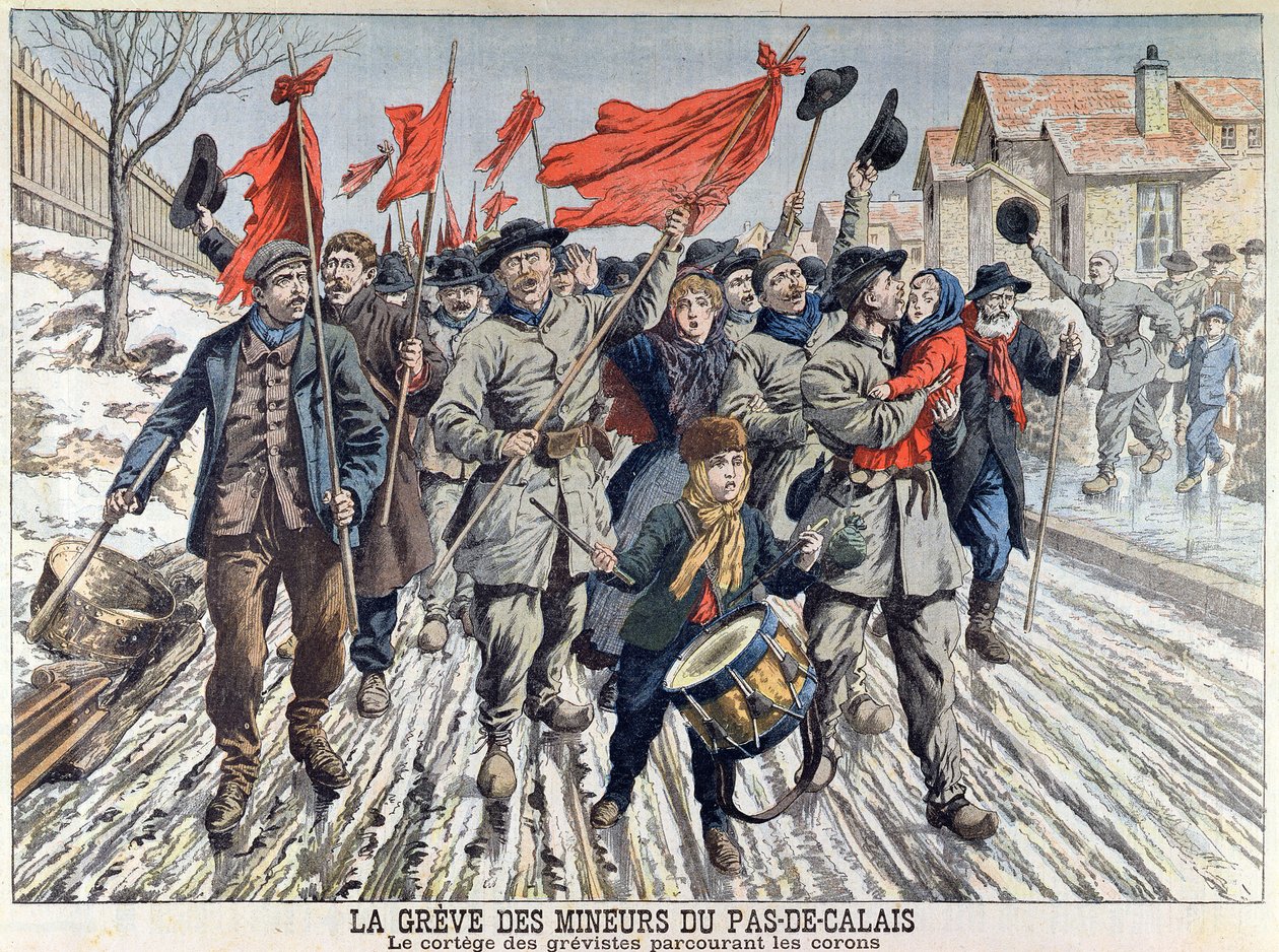 Stávka horníků v Pas-de-Calais, průvod stávkujících v hornické vesnici, z Le Petit Journal, 1. dubna 1906 (barevná rytina) od French School