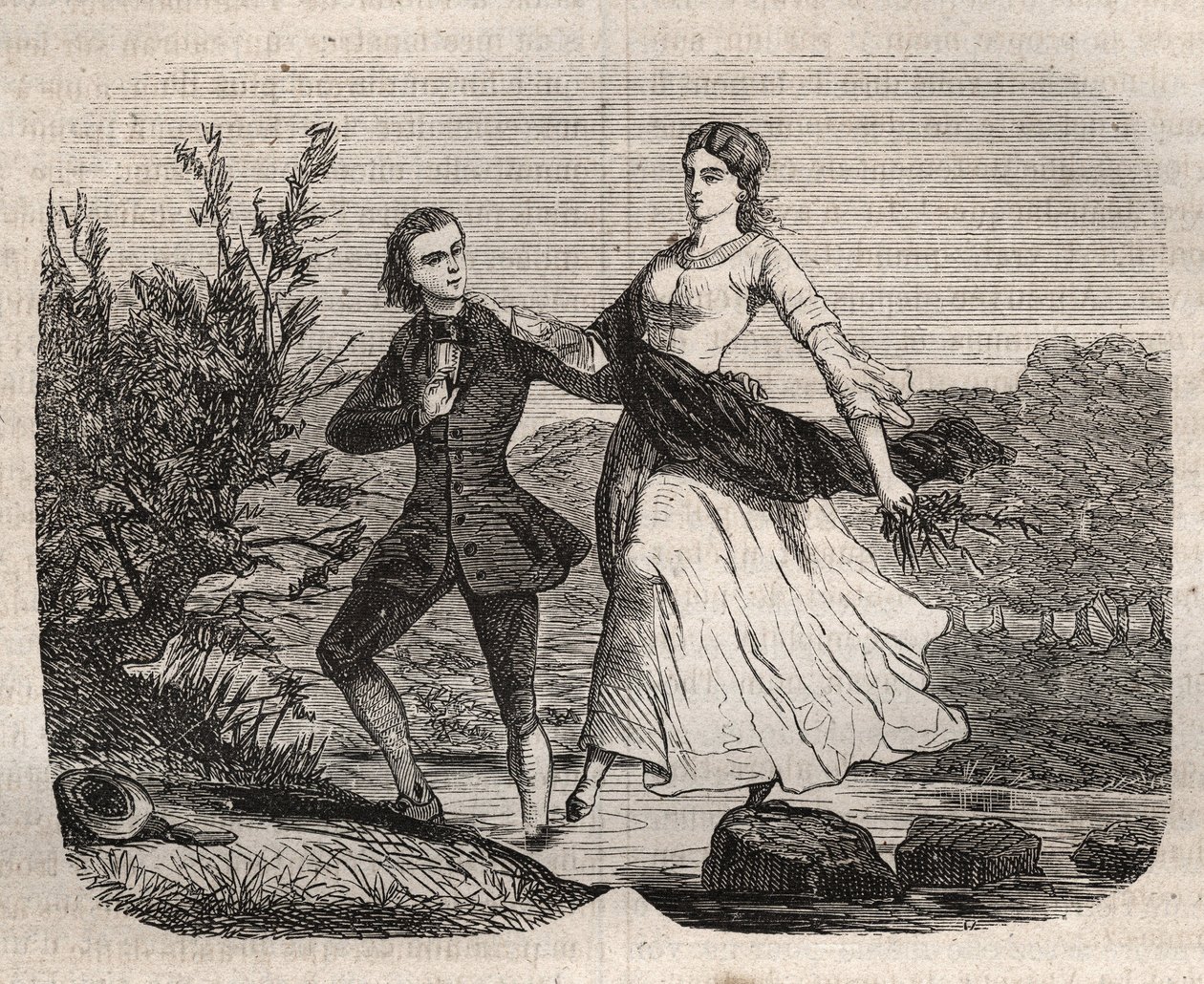 Švýcarský filozof Jean Jacques (Jean-Jacques) Rousseau (1712-1778) pomohl mademoiselle Galley překročit potok. Rytina z roku 1871 v "Histoire Des Cocus Celebres" "od Henry de Kock (1819-1892). od French School