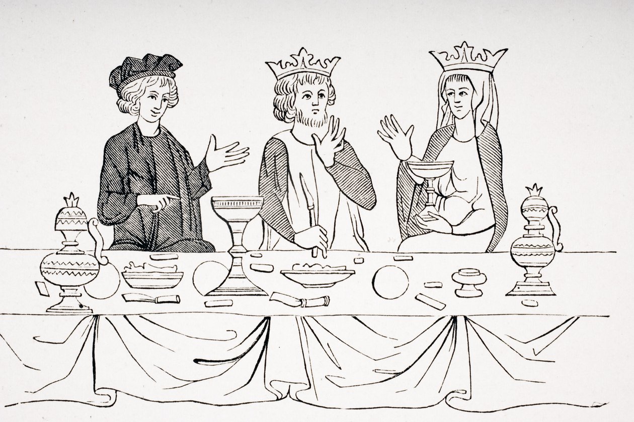 Baronův stůl ve 13. století, podle miniatury z „Histoire de St. Graal“, z „Le Moyen Age et La Renaissance“ od Paula Lacroixe (1806-84) vydaného 1847 od French School