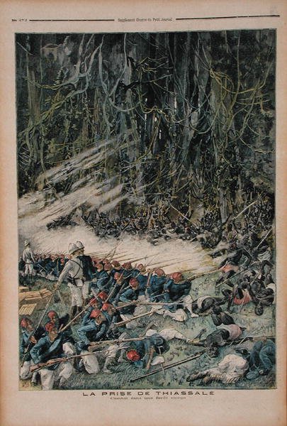 Dobytí Thiassale, bitva ve Virgin Rain Forest, ilustrace z Le Petit Journal, 26. srpna 1893 od French School