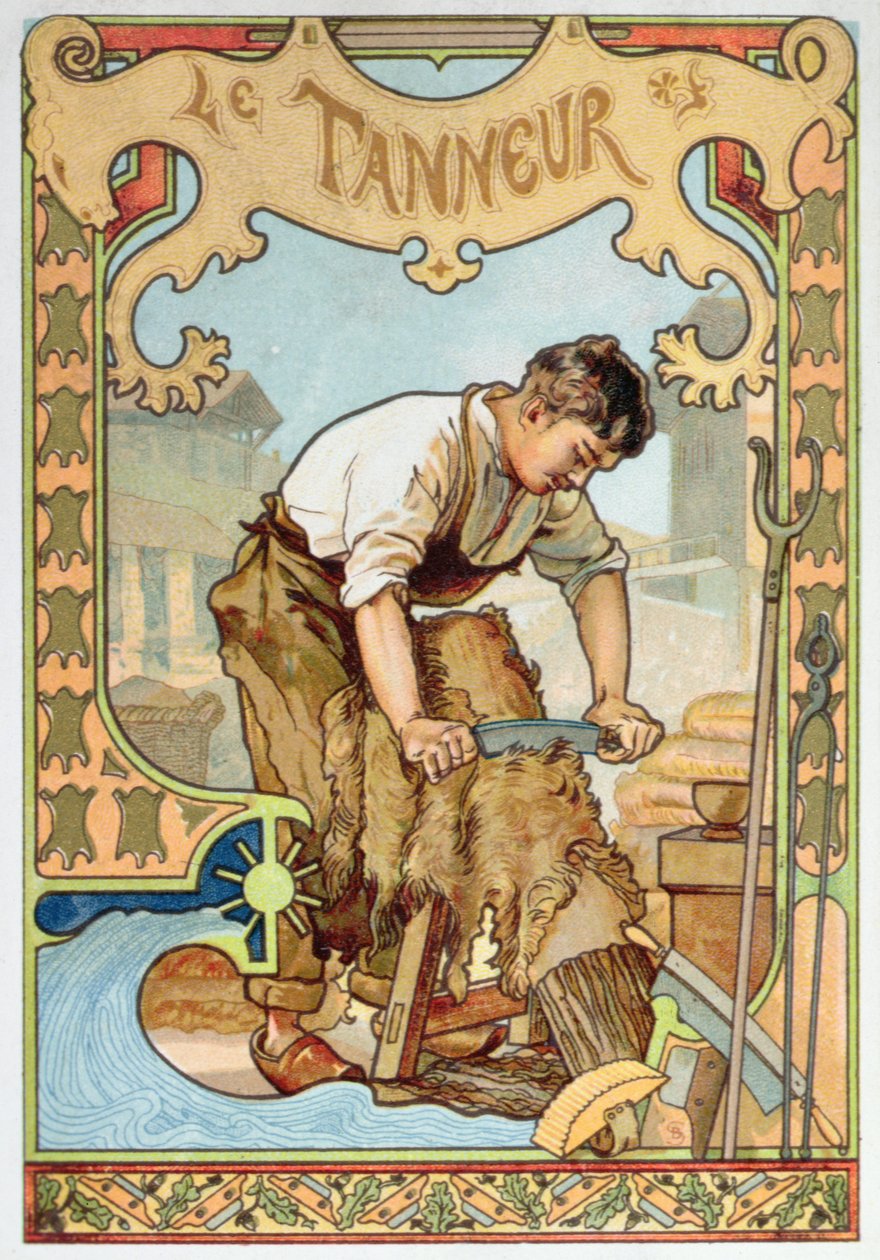 The Tanner, ilustrace z knihy o řemeslech, kolem roku 1899 (barevné lito) od French School