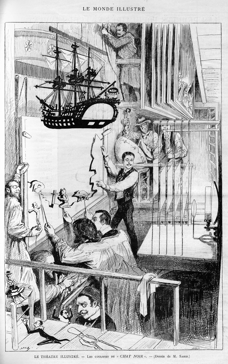 Divadlo ilustruje: zákulisí „Chat noir“. Rytina v „Le monde illustrious“, „“ 1888. od French School