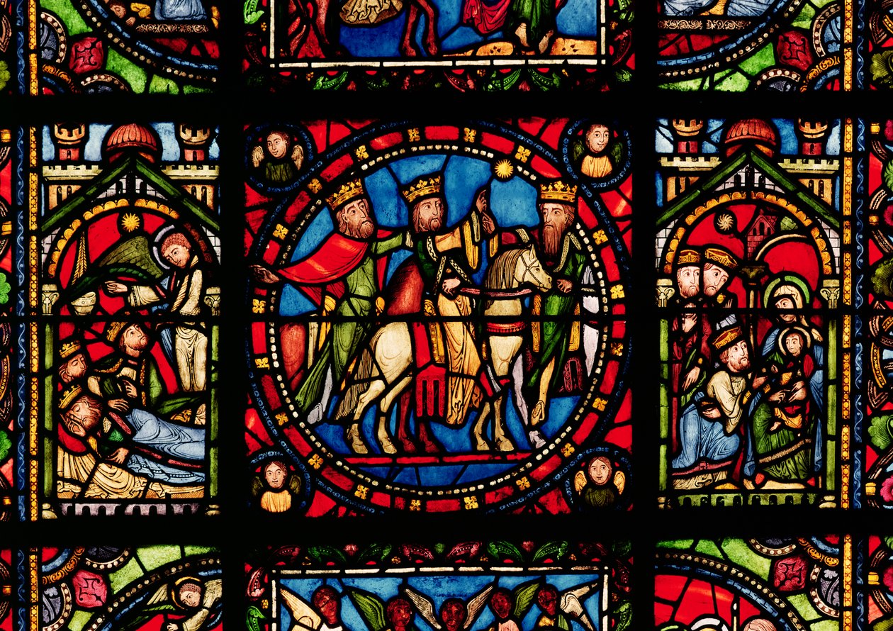 Tři králové, detail z okna zobrazující příběh Panny Marie od French School