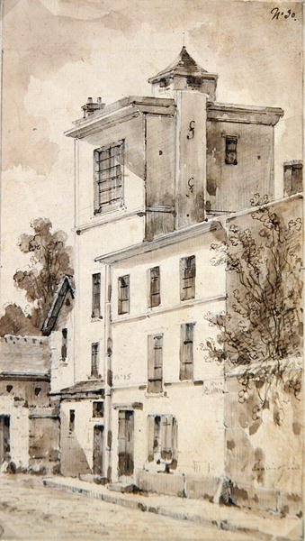 Věž, kde Louis-Jacques Daguerre učinil své objevy (akvarel na papíře) od French School