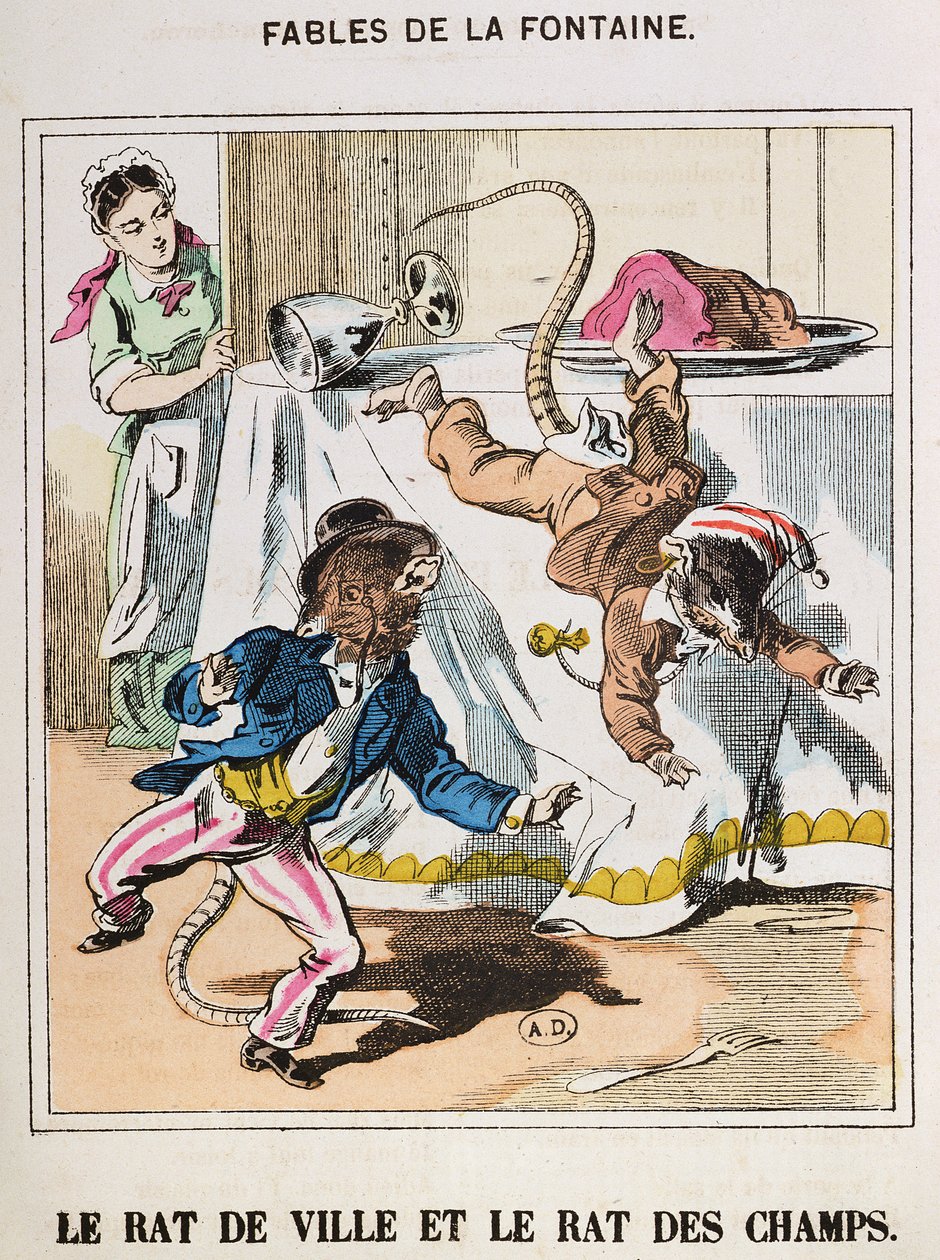 Městská myš a venkovská myš, z „Fables de La Fontaine“ (barevná rytina) od French School