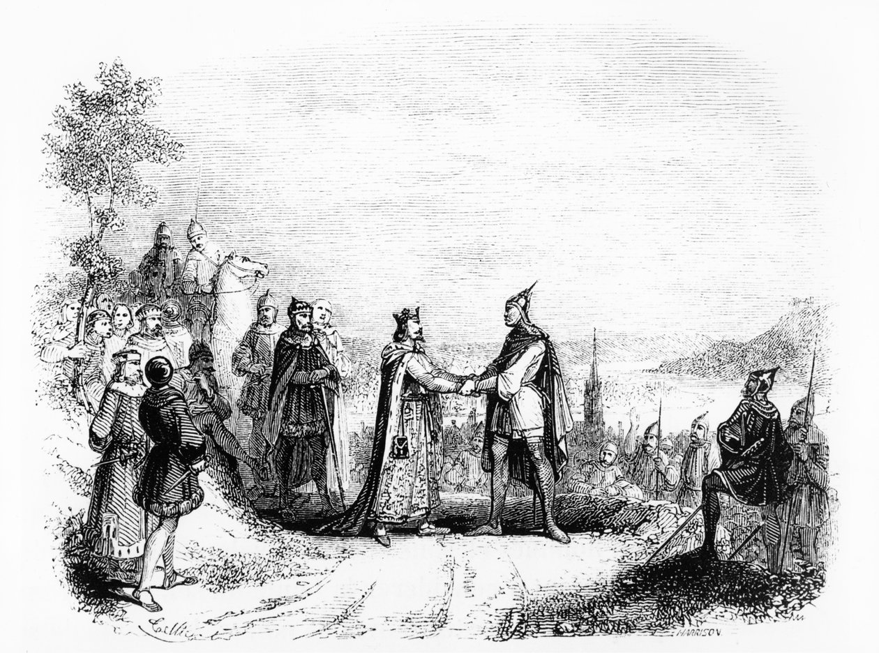 Smlouva ze Saint Clair-sur-Epte mezi Karlem III. Prostým (879-929) králem Francie (898-923) a Rollem Vikingem v roce 911 od French School