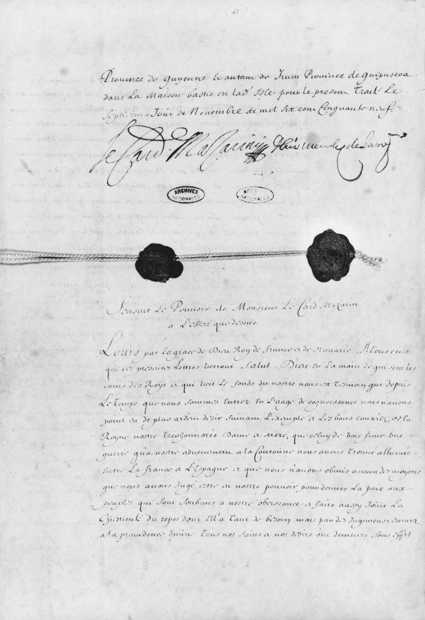 Pyrenejská smlouva, podepsaná kardinálem Julesem Mazarinem (1602-61) a Donem Luisem Mendezem de Haro (1598-1661) 7. listopadu 1659 od French School