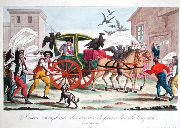 Triumfální vjezd dravých ptáků do hlavního města, karikatura návratu Napoleona (1769-1821) do Paříže, 20. března 1815 (barevná rytina) od French School