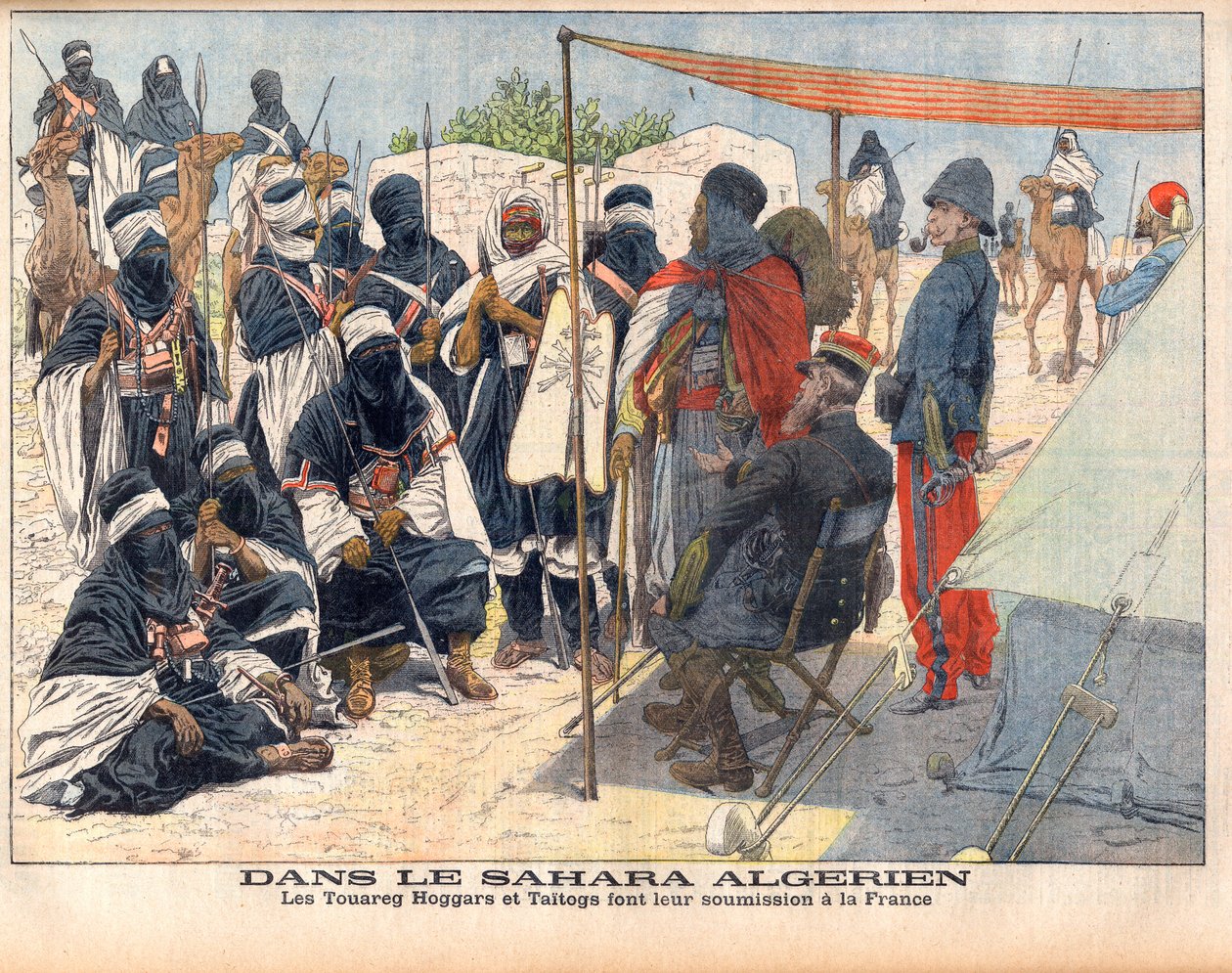 Tuaregové Hoggar a Taitogové se podřizují anglické nadvládě na alžírské Sahaře. Na alžírské Sahaře. Touaregští Hoggars a Taitogové odevzdávají svou žádost Francii. Ilustrace pro Le petit Journal, 26. listopadu 1905. od French School