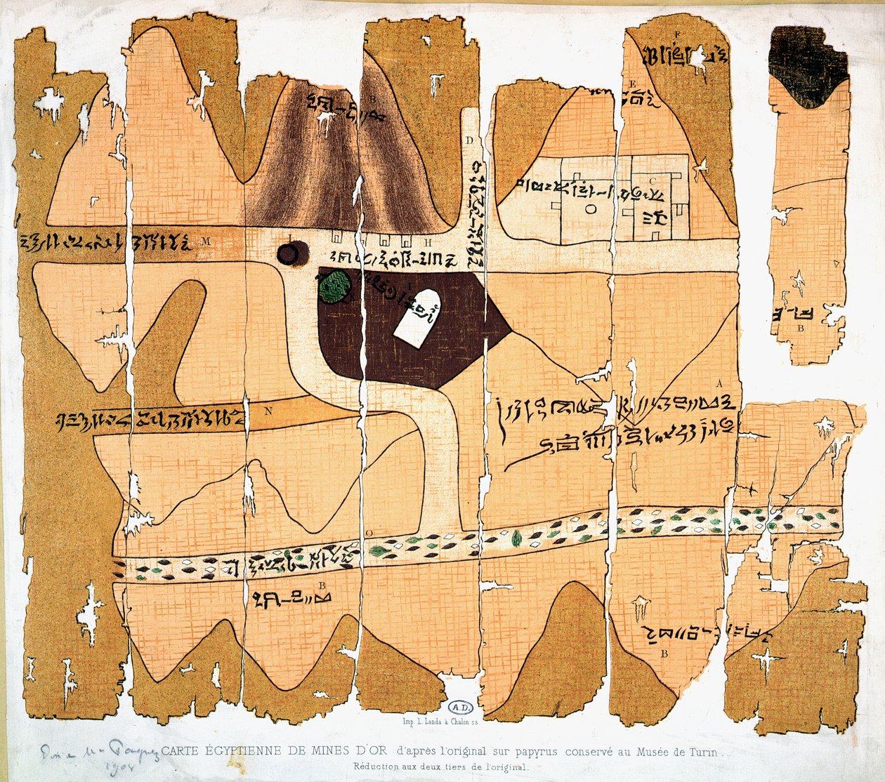 Turínský papyrus, reprodukce staroegyptské mapy zlatých dolů podle originálu papyru z doby kolem roku 1300 př. n. l., který je uložen v Museo Egizio v Turíně. od French School