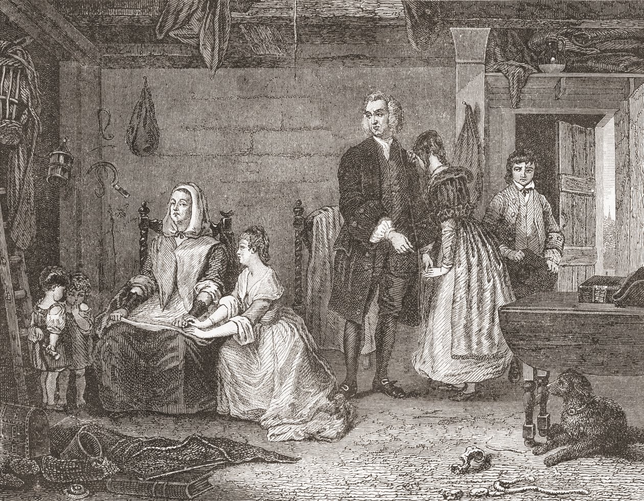 Vikář z Wakefieldu smiřující svou manželku s Olivií podle obrazu Gilberta Stuarta Newtona. Z Histoire des Peintres, École Anglaise, publikoval 1867 (litho) od French School