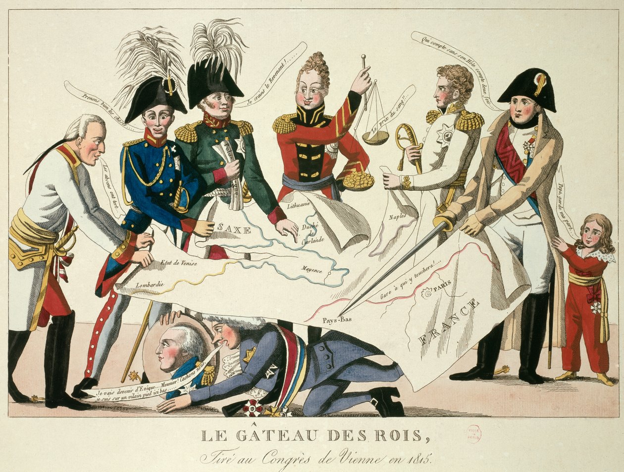 Vídeňský kongres 22.6.1815: dort králů. Znovu sjednotilo osm světových mocností a snažilo se znovu definovat hranice po pádu říše Napoleona I. Alexandra I., cara Ruska; H. R. Stewart, Castlereagh; František Josef I., císař z Au od French School