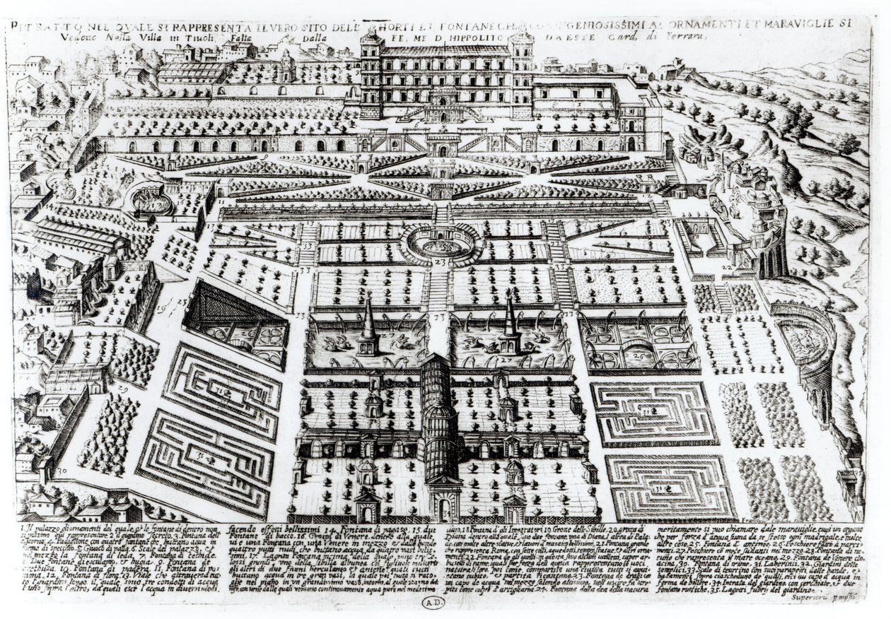 Palác a zahrady Villa dEste, Tivoli, Itálie, c.1600 od French School