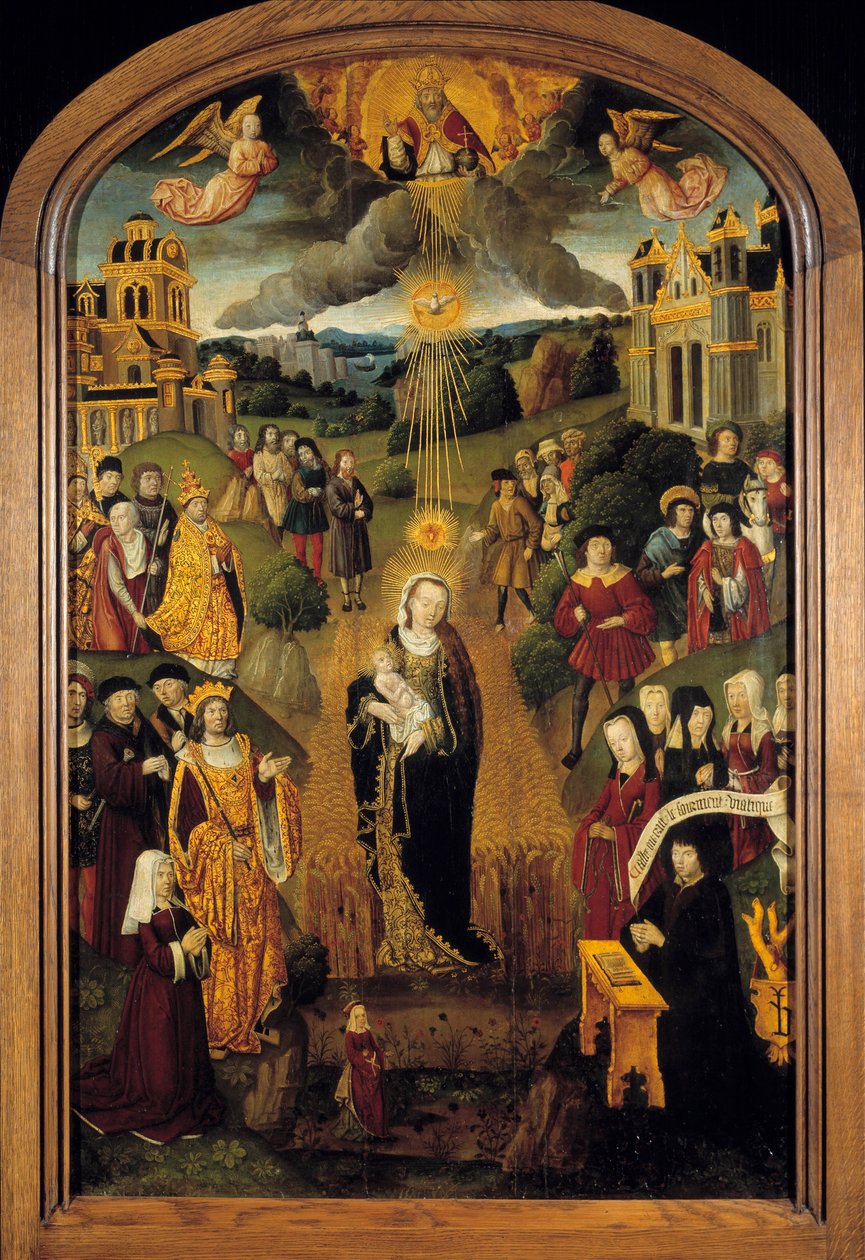 Přítomna je Panna s pšeničným králem Ludvíkem XII. (1462-1515) a papežem Alexandrem VI. (1431-1503). Všemohoucí Bůh držící zeměkouli požehnal scénu, zatímco Duch svatý chránil Pannu a Dítě. Malba na dřevě francouzské školy 16. stol od French School