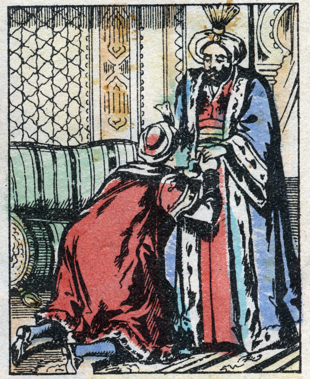 Vizirův syn se zříká sňatku se sultánovou dcerou. Rytina příběhu Tisíce a jedné noci „Aladin a báječná lampa““. Epinal imaging, konec 19. století. Soukromá sbírka. od French School
