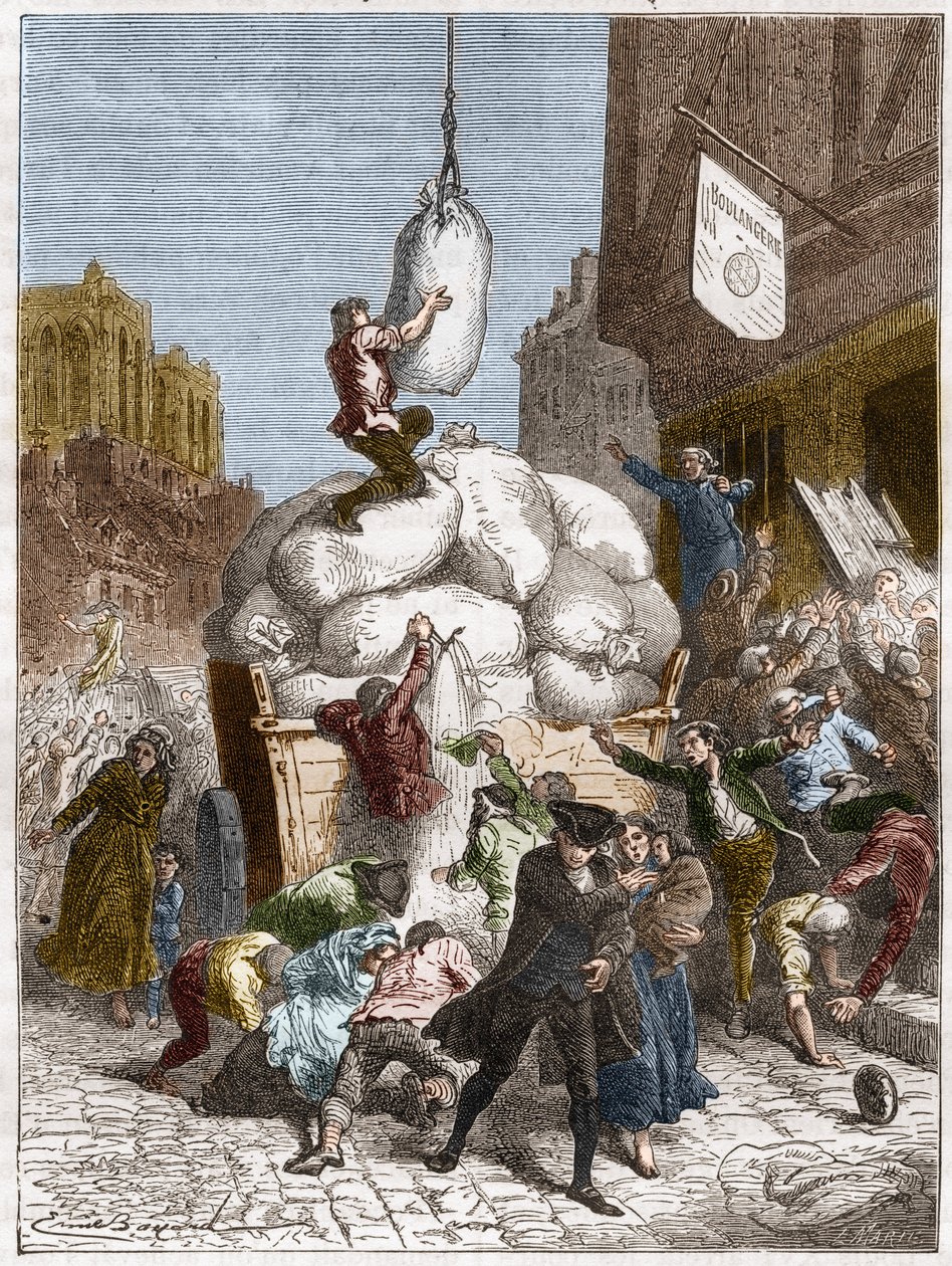The War of Flours: Drancování pekáren v Paříži, kolem roku 1775 (první z francouzské revoluce) (rytina) od French School