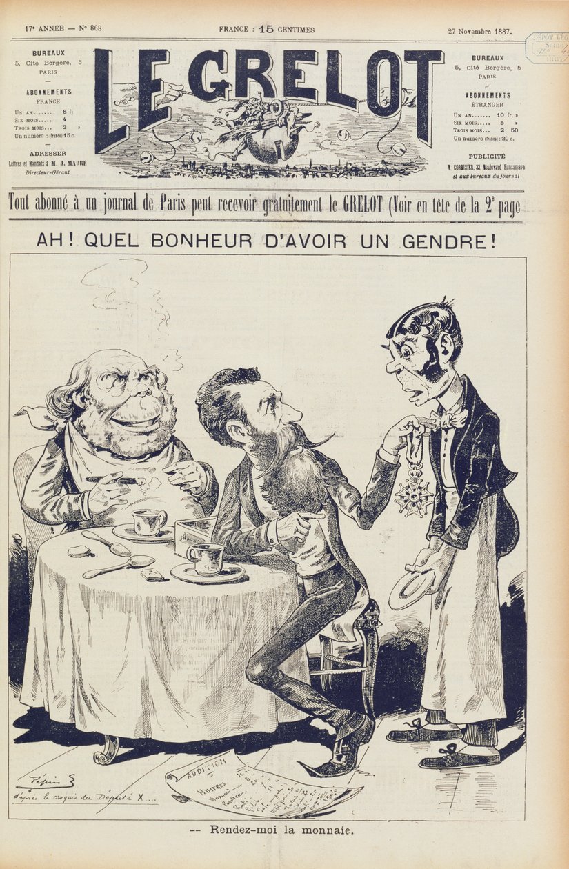 The Wilson Affair, přední strana obálky Le Grelot, 27. listopadu 1887 od French School