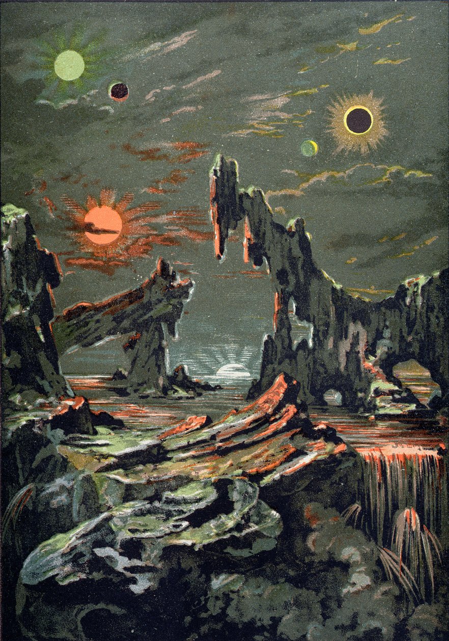 Svět čtyř měsíců a čtyř sluncí, ilustrace z Astronomie Populaire napsal Camille Flammarion (1842-1925) 1881 od French School