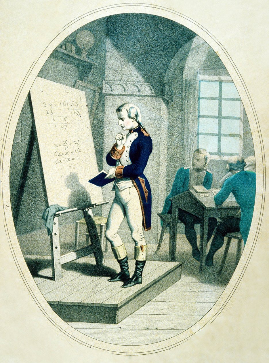 Mladý Napoleon, na Vojenské akademii v Brienne, Francie, 1779 (barevná rytina) od French School