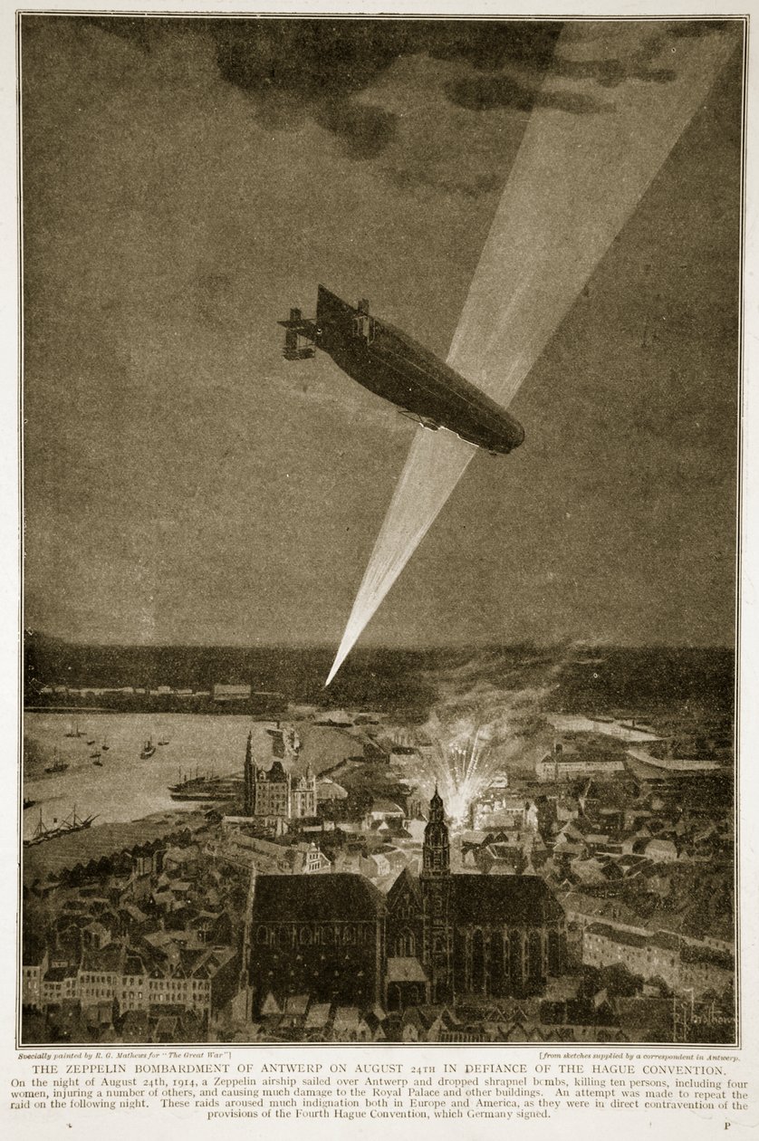 Bombardování Antverp Zeppeliny 24. srpna 1914 v rozporu s Haagskou konvencí, 1914-19 od French School