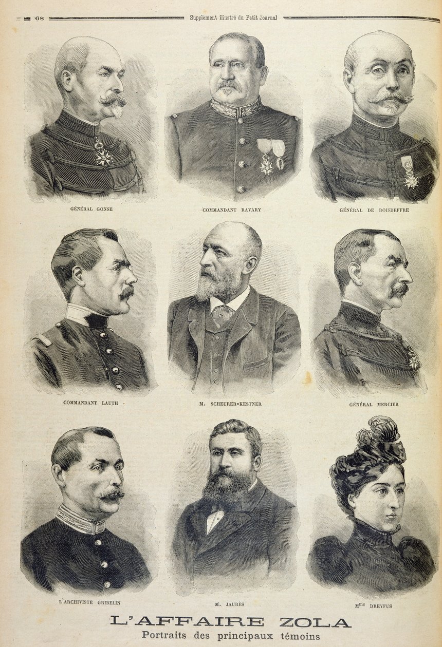 Aféra Zola: portréty hlavních svědků, ilustrace z ilustrované přílohy Le Petit Journal, 27. února 1898 (litho) od French School