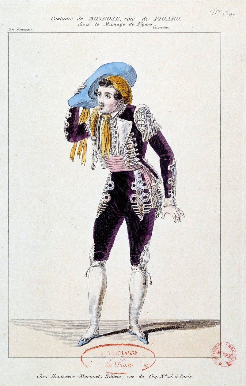 Herec Claude Louis Seraphin Barizain (nebo Barisain) dit Monrose (1783-1843) v roli Figara ve Figarově svatbě““ od Pierra Augustina Caron de Beaumarchais (1732-1799) 1784 Paříž, Comedie francaise od French School