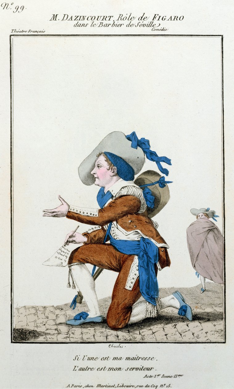 Herec Dazincourt v Theater Francais v roli Figara ve filmu Lazebník sevillský od Pierra Augustina Caron de Beaumarchais (1732-1799) od French School