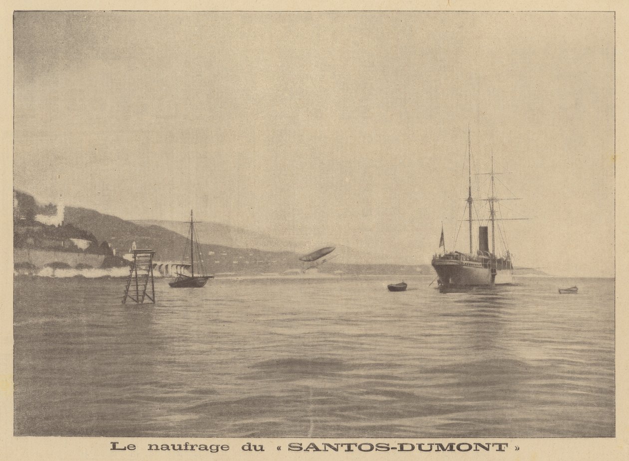 Vzducholoď Alberta Santose-Dumonta, která se zřítila do Středozemního moře (litografie) od French School