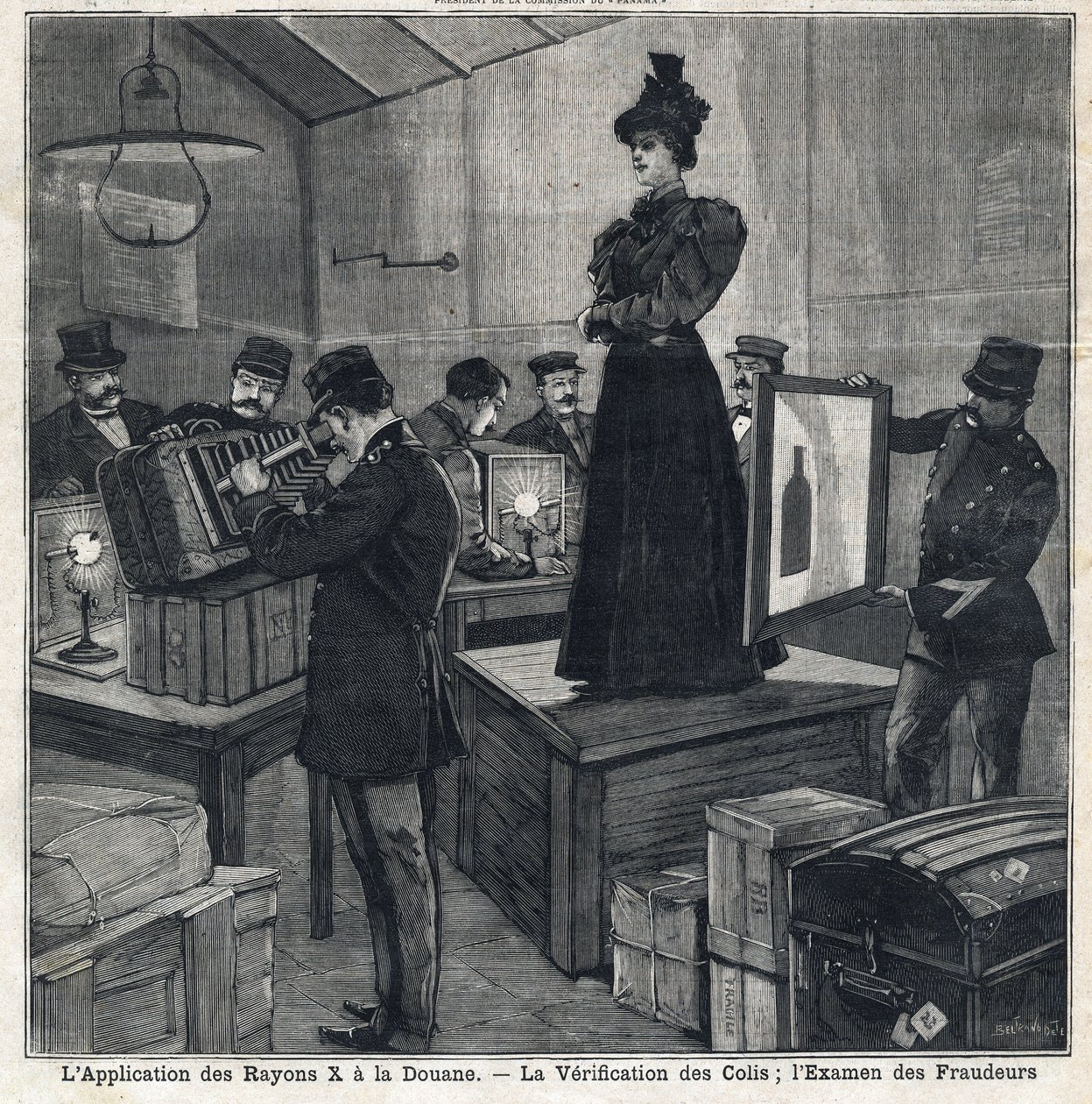 Aplikace rentgenových paprsků (rentgenů) má zvyklosti: ověřování balíků a zkoumání podvodníků. V „“Le Peute Parisien““ dne 11.07.1897. Soukromá sbírka od French School