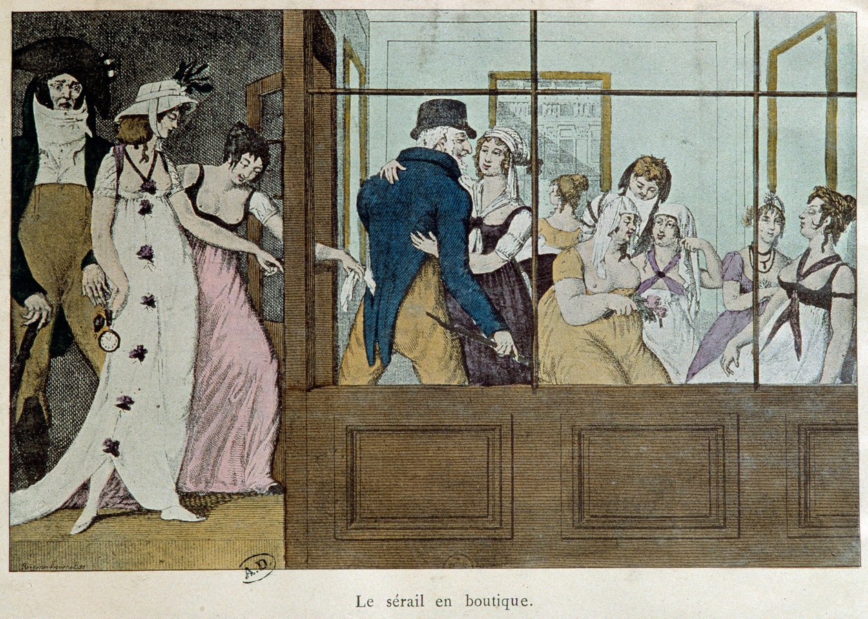 Obchod se schůzkami: serail v obchodě Nevěstinec v Palais Royal v Paříži. Litografie počátku 18. století Paříž, dekorativní umění od French School