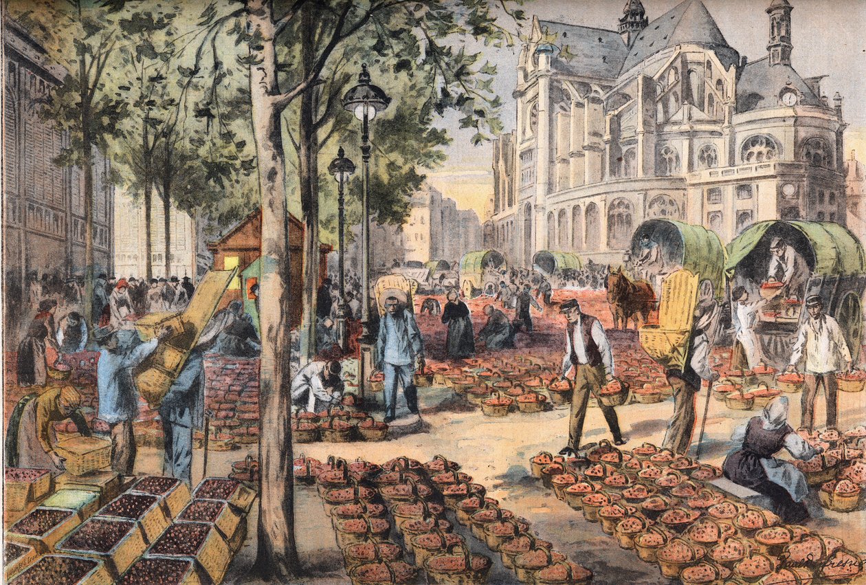 Příchod jahod na dlaždici sálů za kostelem Saint Eustache, z novin „Le Petit Parisien““ od French School