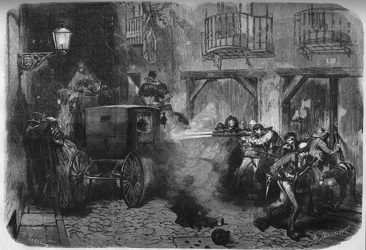 Atentát na Juana Prim y Pratse (1814-1870), španělského generála a politika, při jeho výjezdu z Cortes v ulici del Turco v Madridu dne 28. prosince 1870. Rytina v „“ Le Monde Illustré““ č. 724 z 25. února 1871. od French School