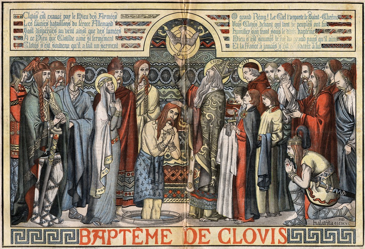 Křest Clovise 1. (466-511) v Remeši, 25. prosince 496. ilustrace MALATESTA (MALTESTE Henri Theodore) v „“Le Pelerin““ z 23. srpna od French School