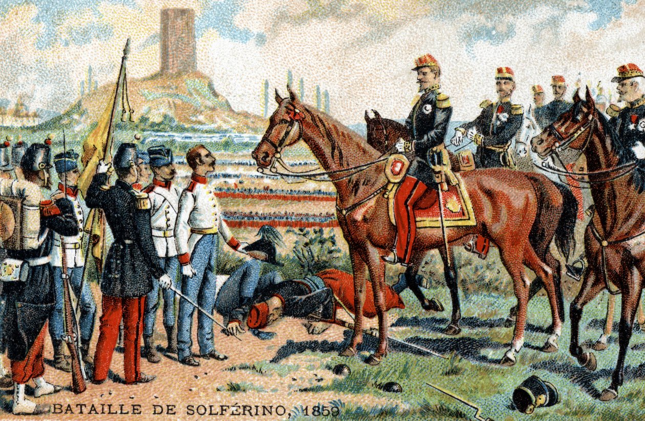 Bitva u Solferina (Itálie) mezi francouzsko-sardinskou (vítězové) a rakouskou (poraženou) armádou v roce 1859. Chromolitografie 19. století. od French School