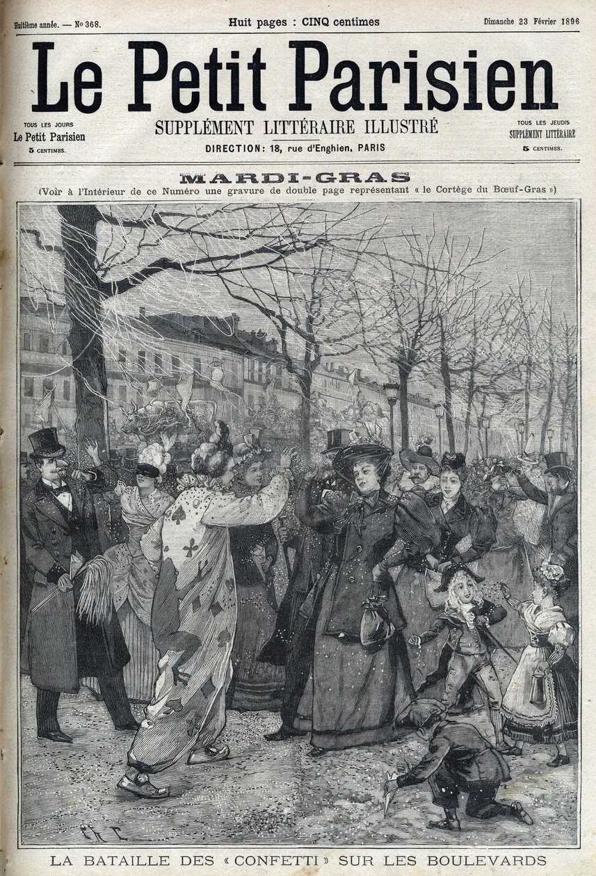 Bitva o konfety na pařížském bulváru během Mardi Gras (Mardi-Gras). Rytina v "Le petit Parisien"" od French School