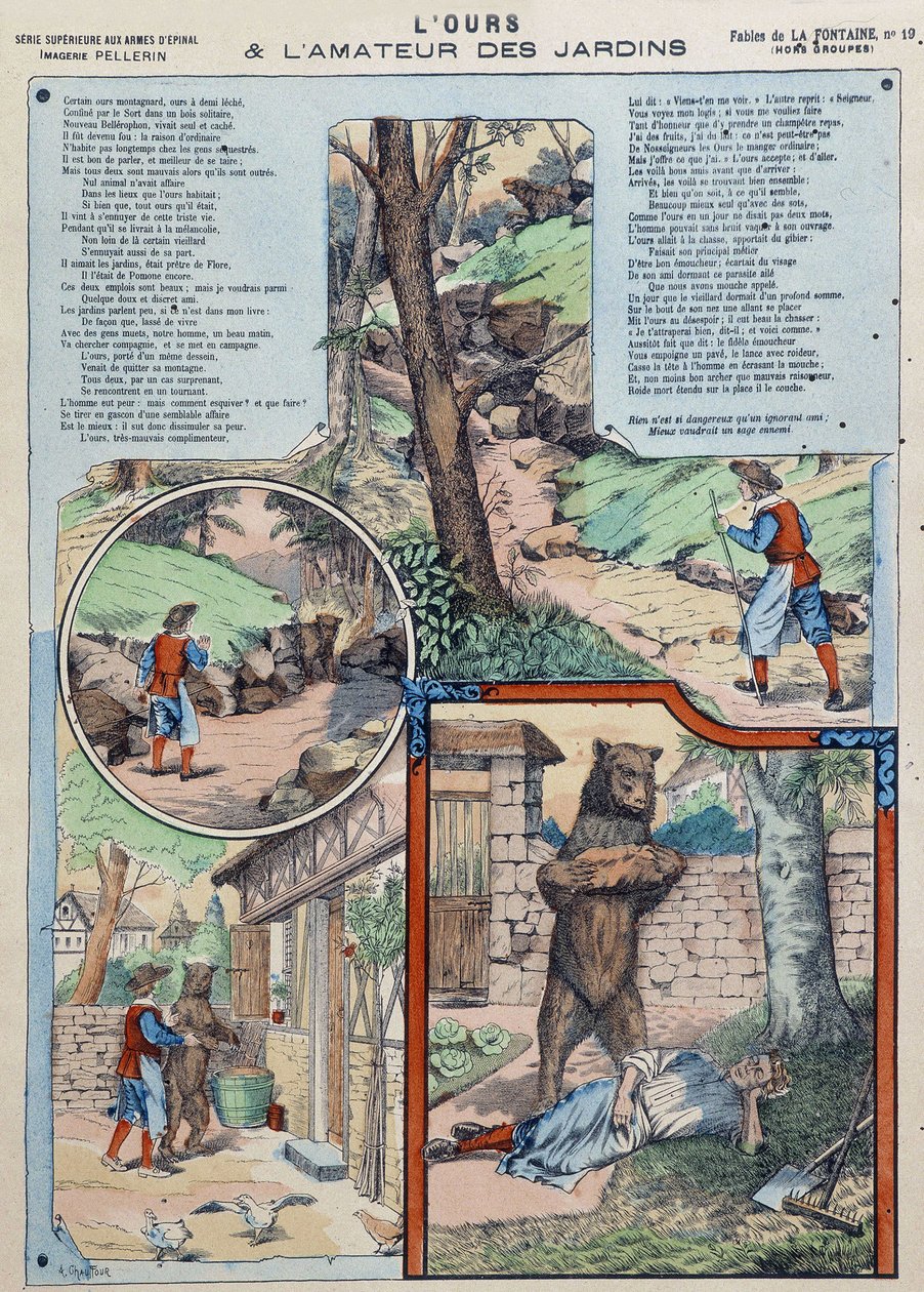 Medvěd a milovník zahrady - Fables de La Fontaine v obrazech Epinal od French School