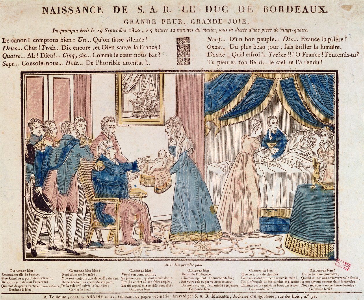 Narození Henri Charles Ferdinand Marie Dieudonne de France, vévoda de Bordeaux, Comte de Chambord dne 29. září 1820 (barevná dřevorytina) od French School