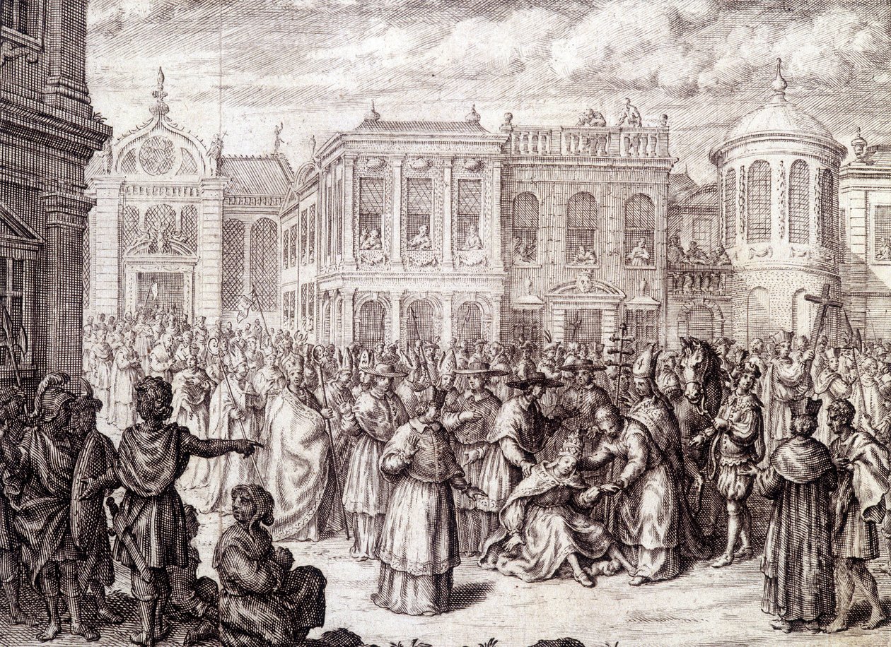 Zrození Papesse Jeanne - v „“Historie Papesse Jeanne““ od M. de Spanheim, Haag od French School