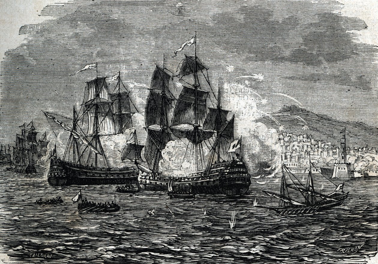 Bombardování Alžíru v srpnu 1682 Abrahamem Duquesnem - (rytina) 1864 od French School