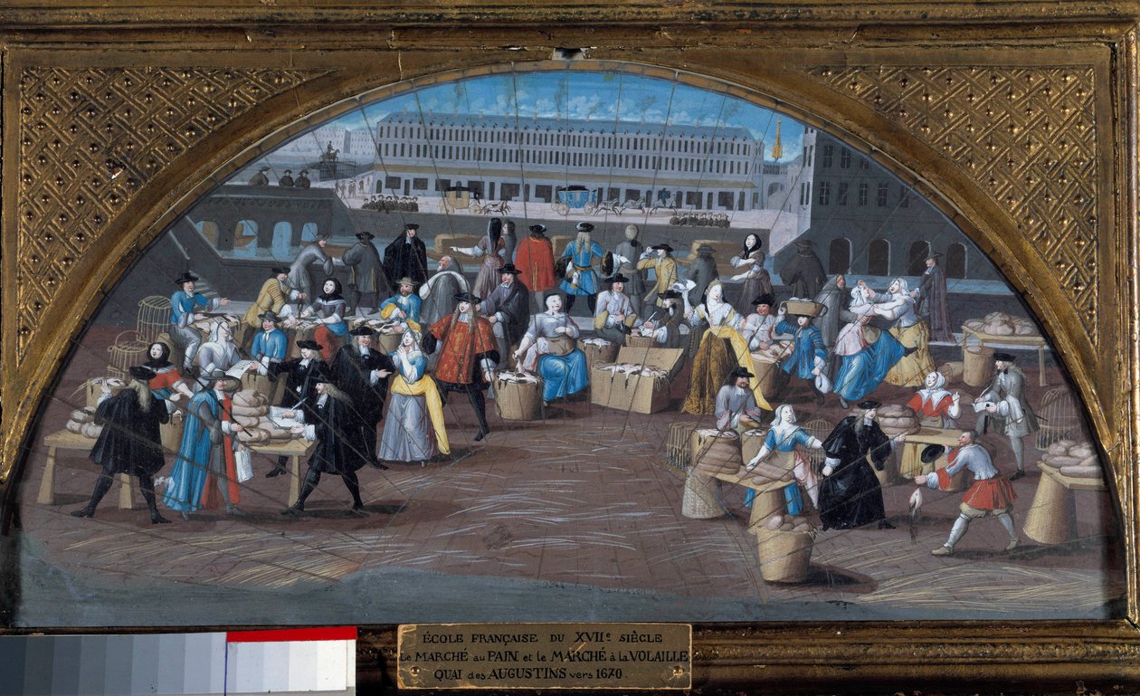 Chlebový pochod a pochod drůbeže na Quai des Augustins kolem roku 1670. Obraz Francouzské školy 17. století. Paříž, Musee Carnavalet od French School
