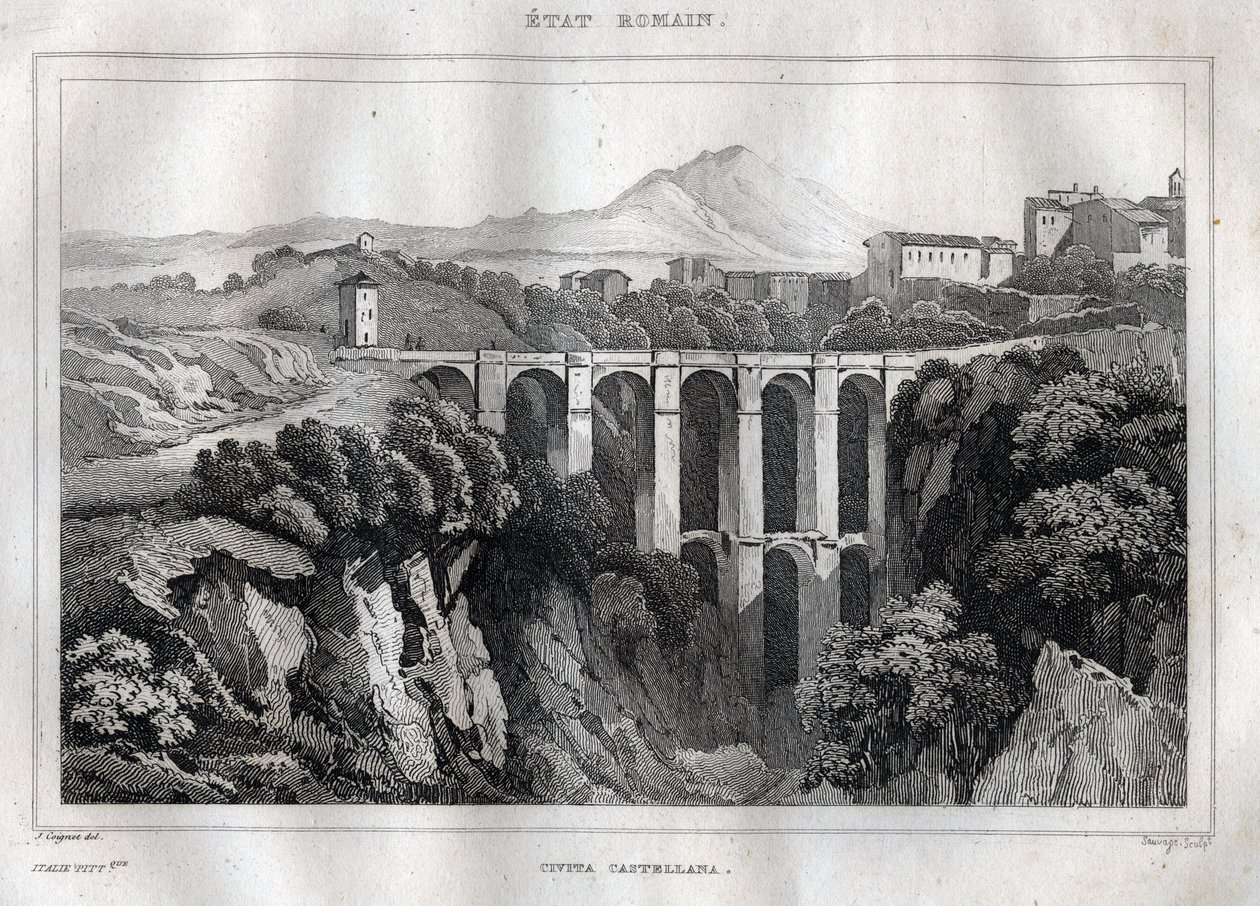 Most má dvojité arkády - CIVITA CASTELLANA - Provincie Viterbo - Itálie - Rytina z “”Itálie malebné” - Historická a popisná malba Itálie”” od M. de Norvinse, Ch. Nodier 1834-1836. od French School