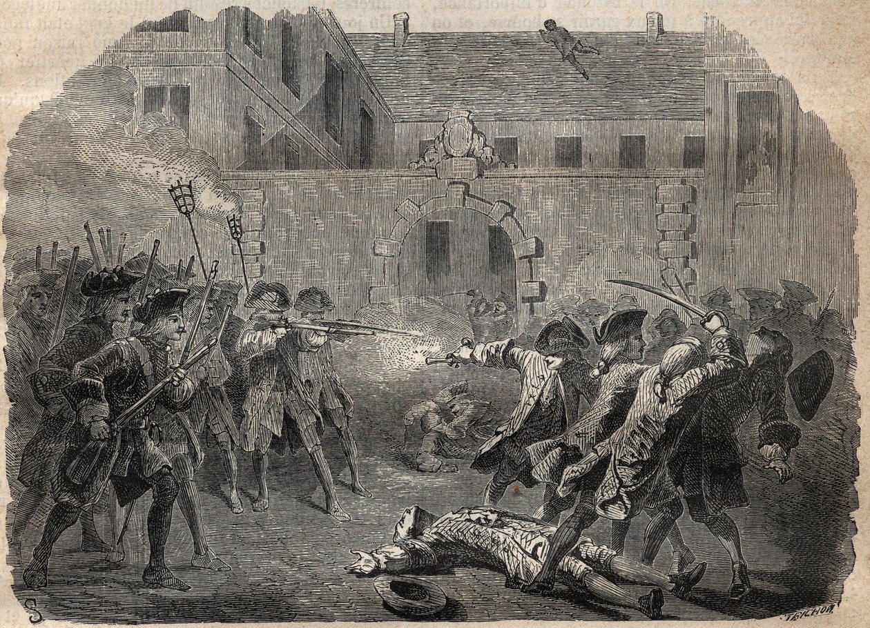 Zbojník Louis Dominique Garthausen dit Cartridge (1693-1721) a jeho společníci jedoucí desuitalizovat hotel Desmaretz v Paříži, jsou po urputném boji překvapeni a napadeni lučištníky, prchají střechami - francouzský lupič Louis Domini od French School