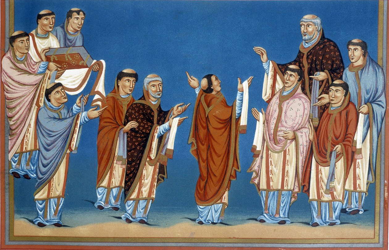 Kanovníky svatého Martina (Svatého Martina) z Tours nabízející králi Karlu II. zvanému Plešatý (823–877), bibli napsanou v jejich opatství. od French School