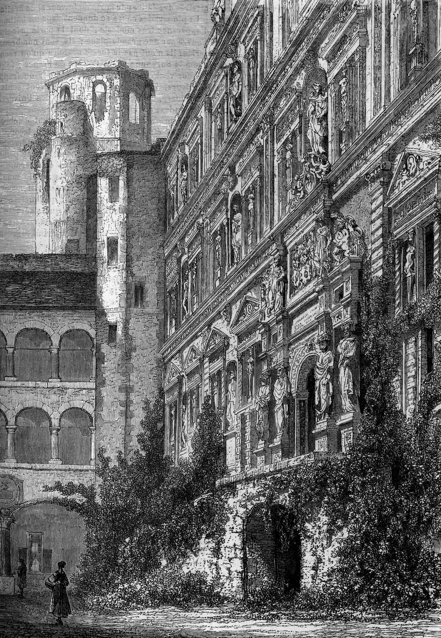 Zámek Heidelberg v Německu, domov jednoho z nejslavnějších univerzálních v Evropě v 19. století. Rytina ve slavném časopise "" La jeunesse "" od French School