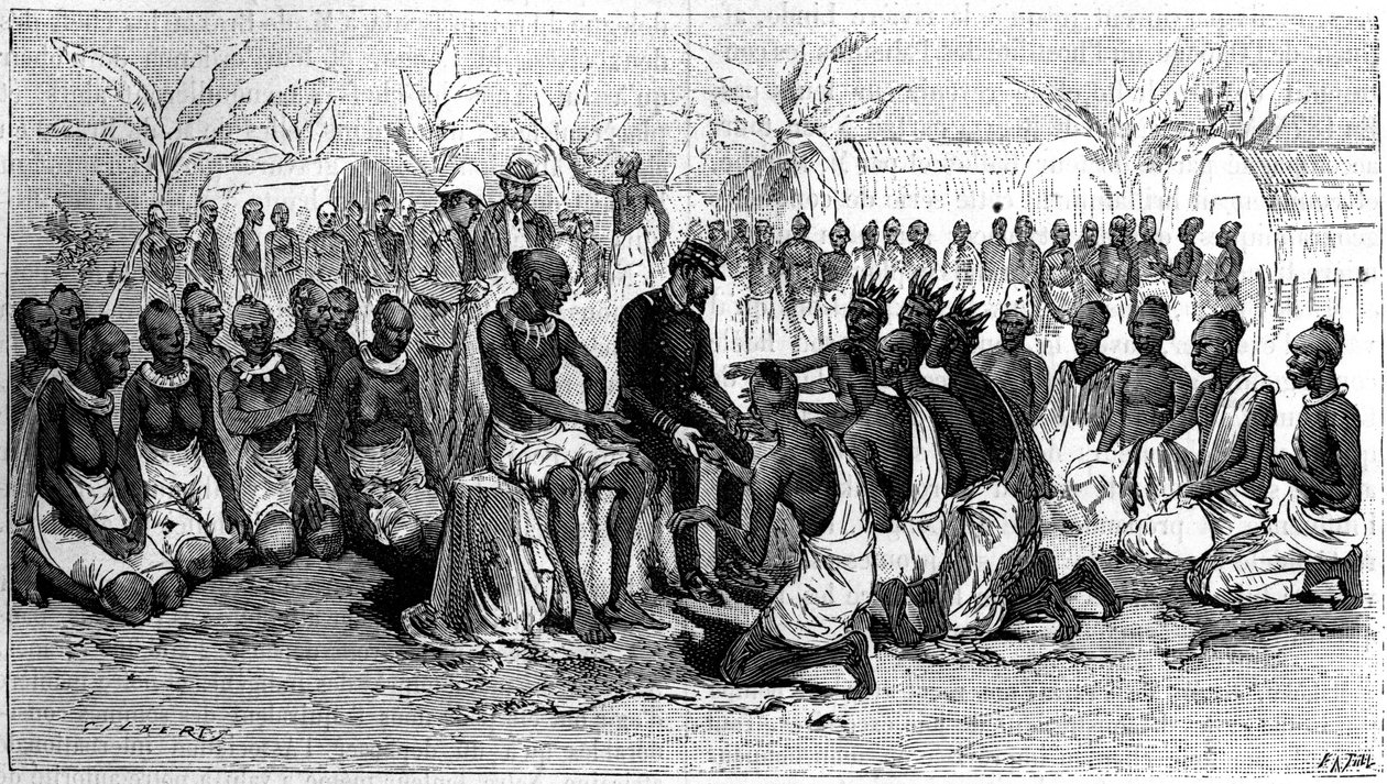 Náčelníci břehů Konga vkládají své ruce do rukou průzkumníka Pierra Savorgnana de Brazza (1852-1905) na znamení opuštění svých území. Gravírování v „“ La Nature. Revue des sciences et de ses applications aux arts et a l